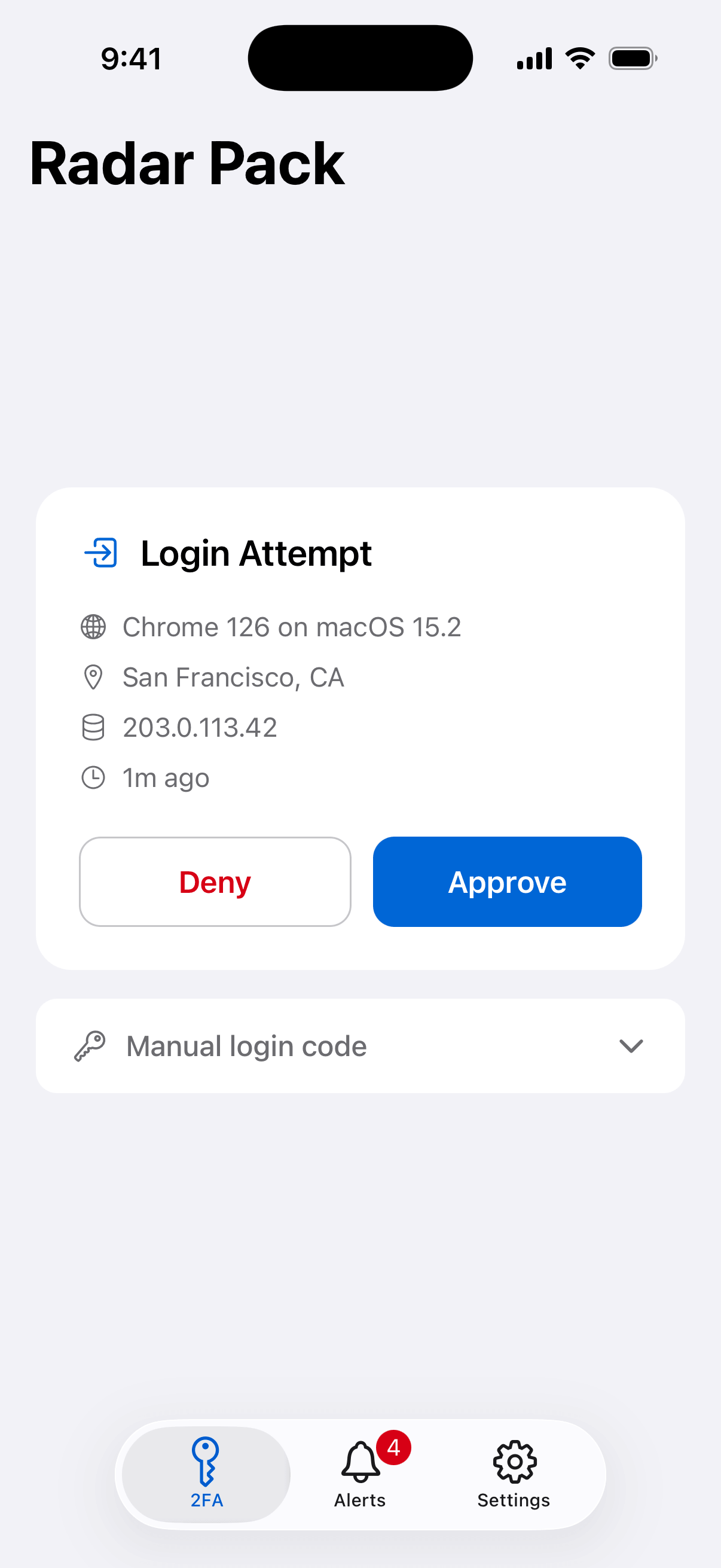 Two-factor authentication prompt showing login attempt details with Approve and Deny buttons