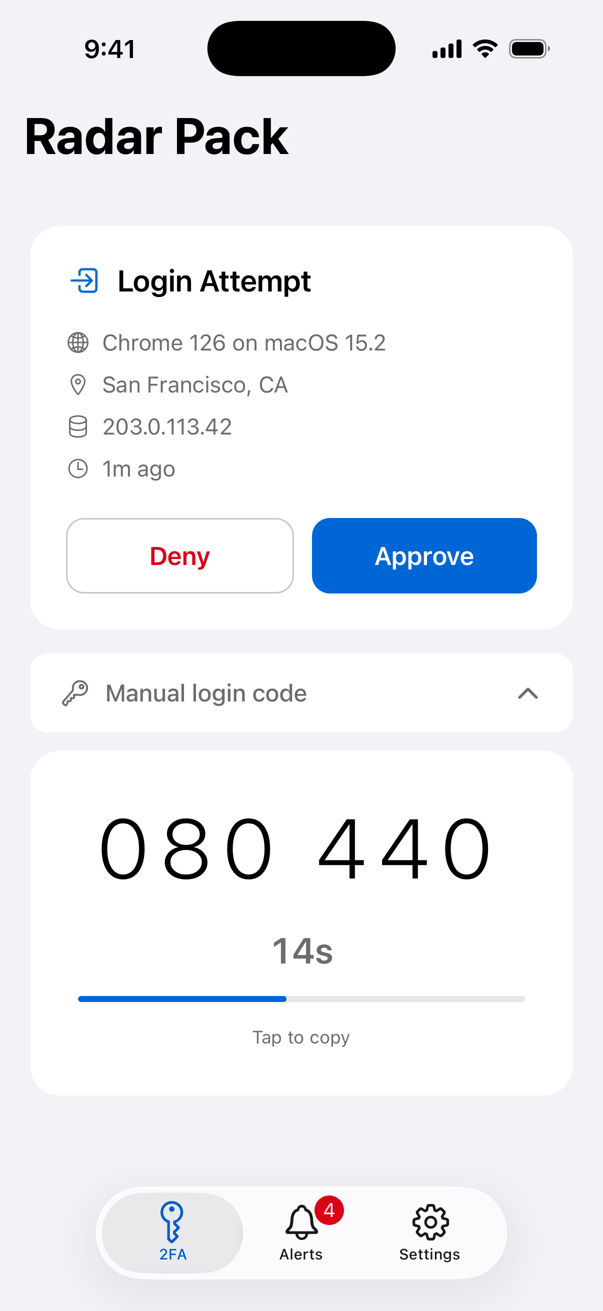 Manual login code drawer showing a 6-digit TOTP code with a countdown timer