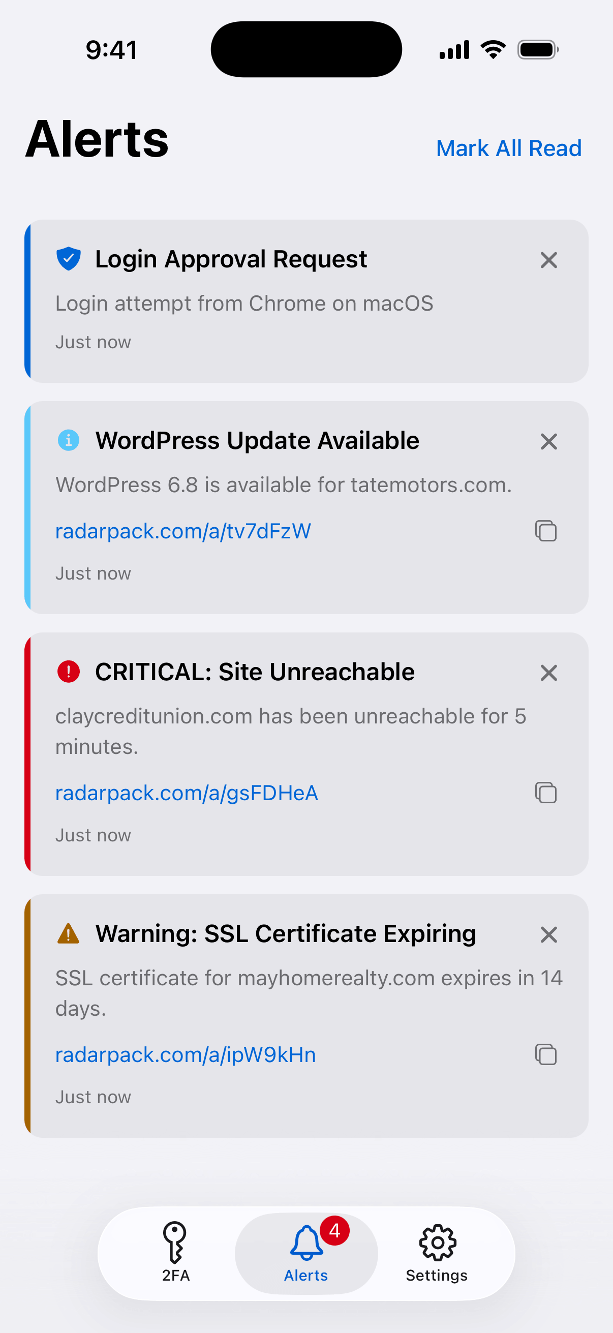 Radar Pack alerts screen showing notifications tagged with severity levels